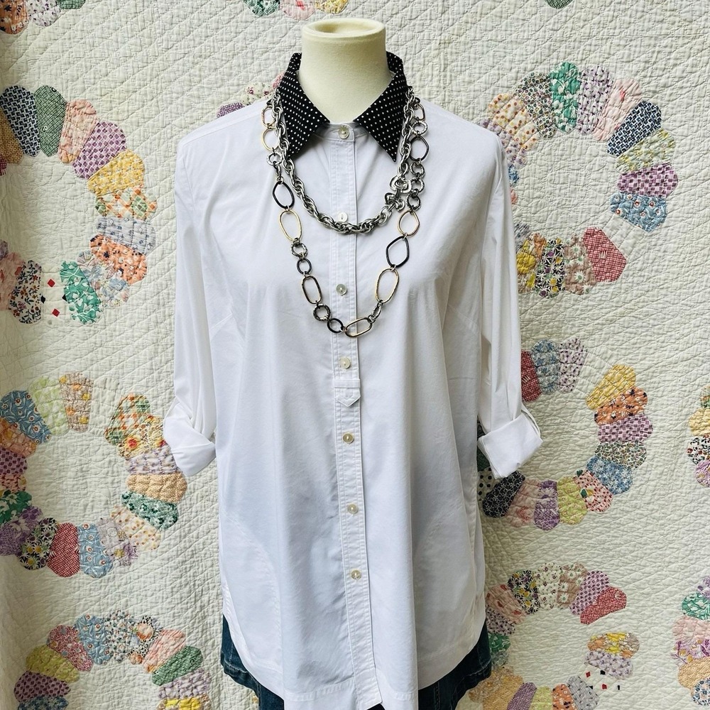 Upcycled Reworked J. Jill White Tunic‎ w/ Black Polkadot Pointed Collar Shirt L